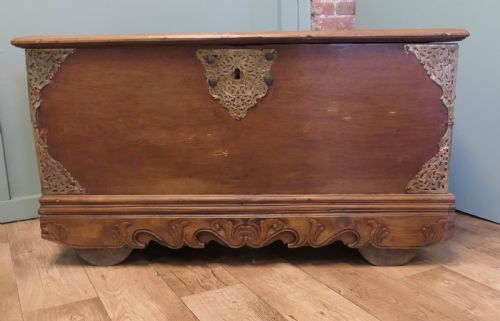 Carved Elm Coffer with Pierced Brass Decoration?