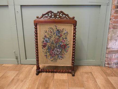 Large Victorian Carved Mahogany and Painted Fire Screen