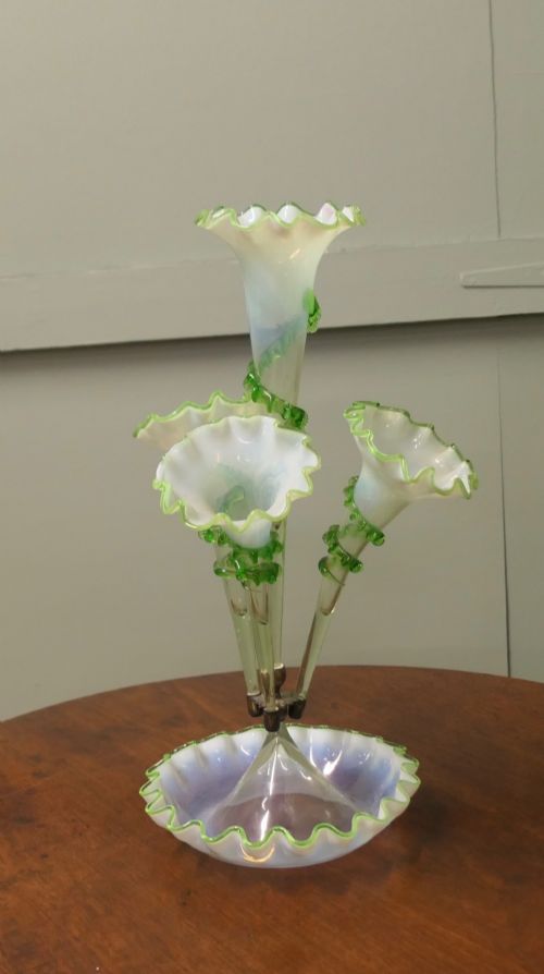 French Hand Blown Uranium Glass 4 Trumpet Epergne