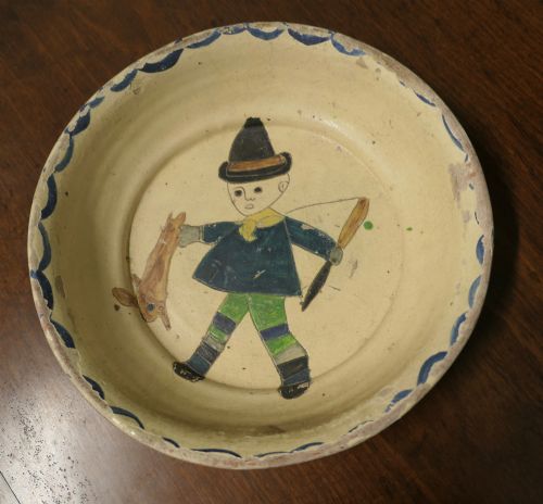 Large Early French Terracotta Slip-ware Bowl, the Hunter
