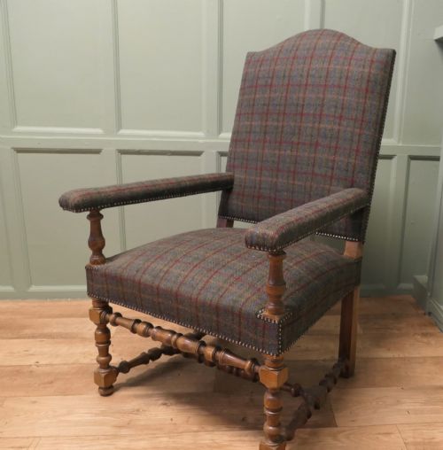 Arts and Crafts Golden Oak Arm Chair, Tweed Fireside Chair