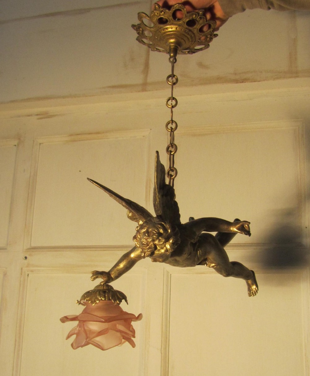 A Pretty French Ormolu Cherub Ceiling Pendant 
