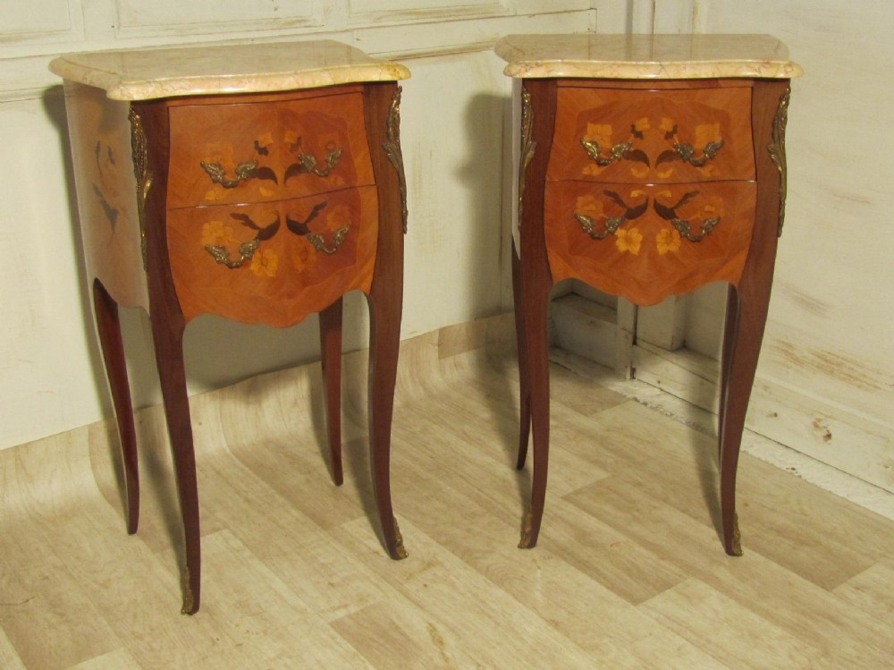 A Pair of Inlaid French Bombe Serpentine Bedside Cupboards