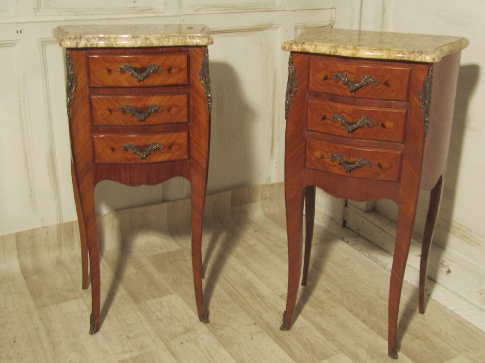 A Pair of Inlaid French Marquetry and Marble Bedside Cupboards