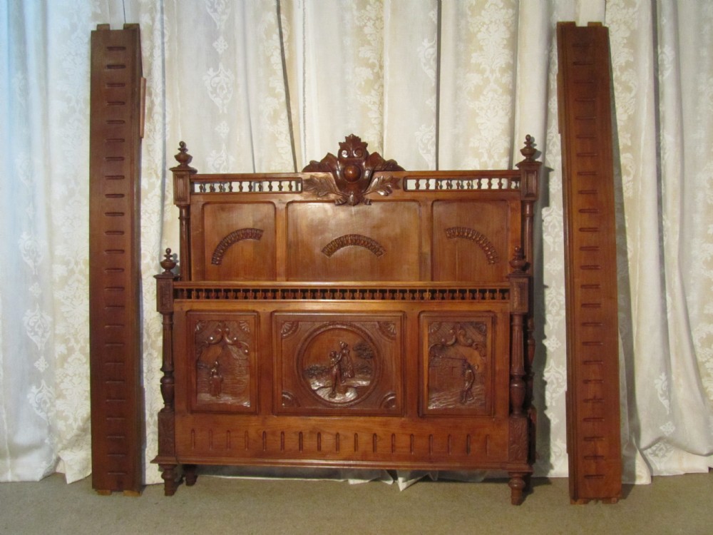 Breton Carved Oak and Chestnut Marriage Double Bed