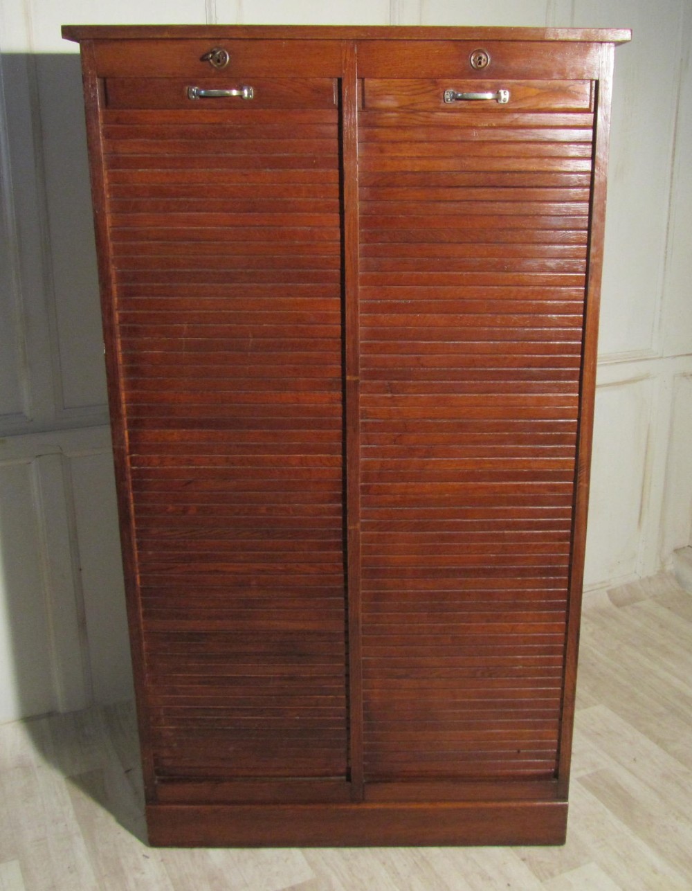 A French Tambour Double Fronted Oak Art Deco Filing Cabinet
