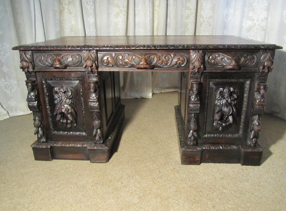 Victorian Green Man Carved Oak Pedestal Desk