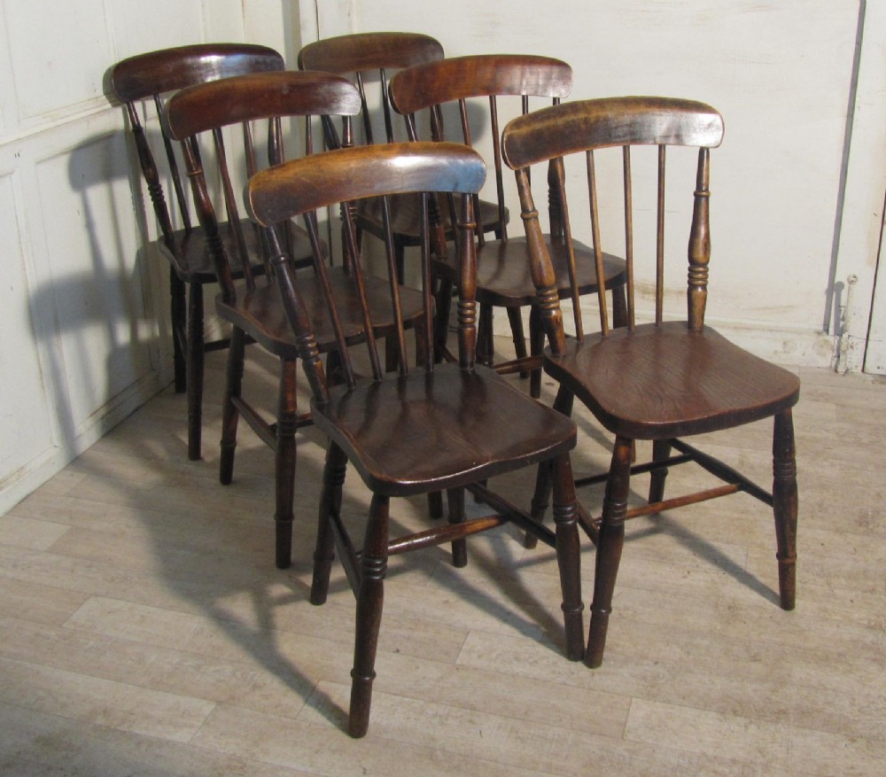 Set of 6 Victorian Beech & Elm Country Kitchen Chairs