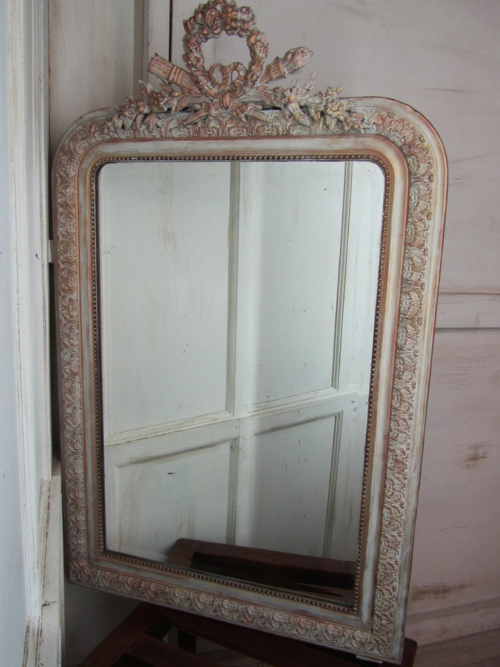 Large 19th Century French Shabby Painted and Gilt Wall Mirror