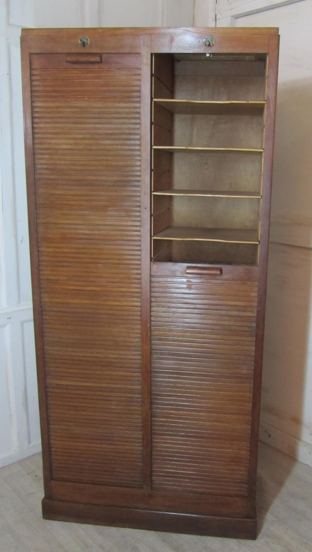 Tall French Tambour Double Fronted Oak Art Deco Filing Cabinet