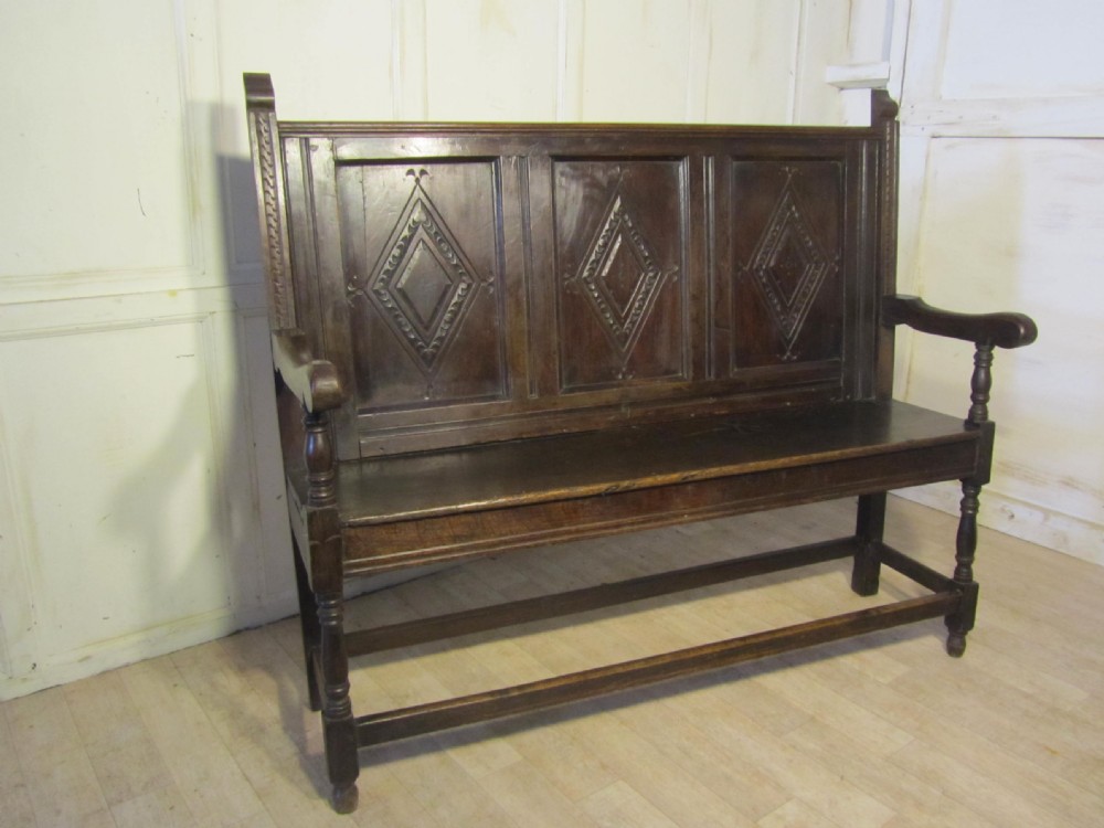 18th Century Carved Oak Settle or Hall Bench