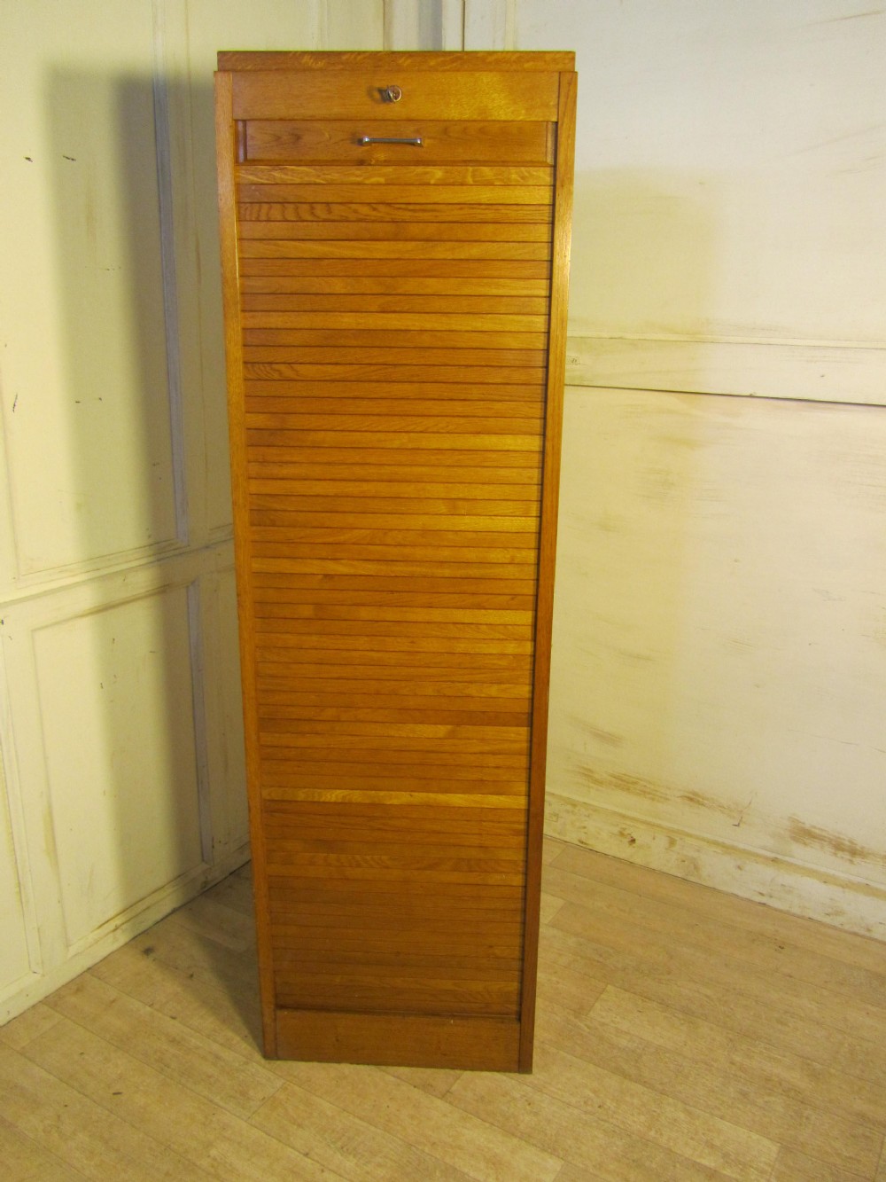 A French Tambour Fronted Oak Art Deco Filing Cabinet