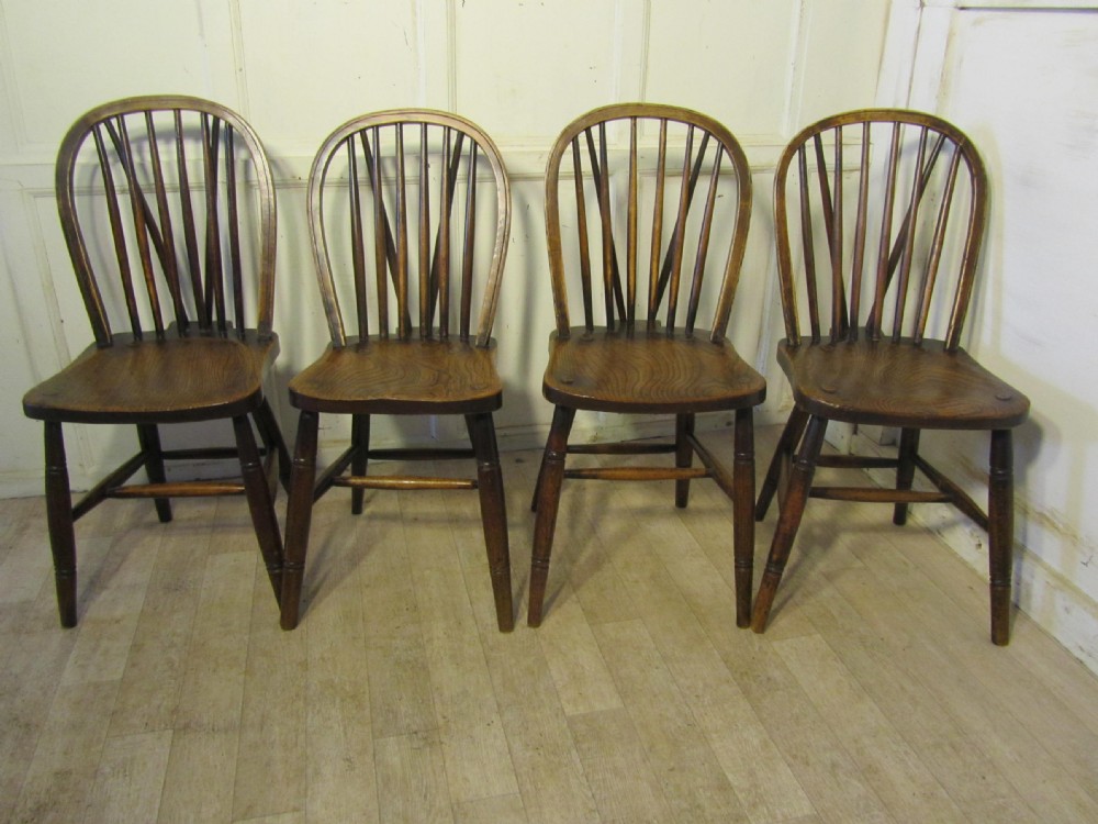 Set of 4 Victorian Beech & Elm Hoop Back Windsor Chairs