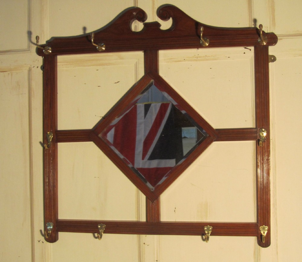 Edwardian Mahogany Hall Mirror with Hat and Coat Hooks