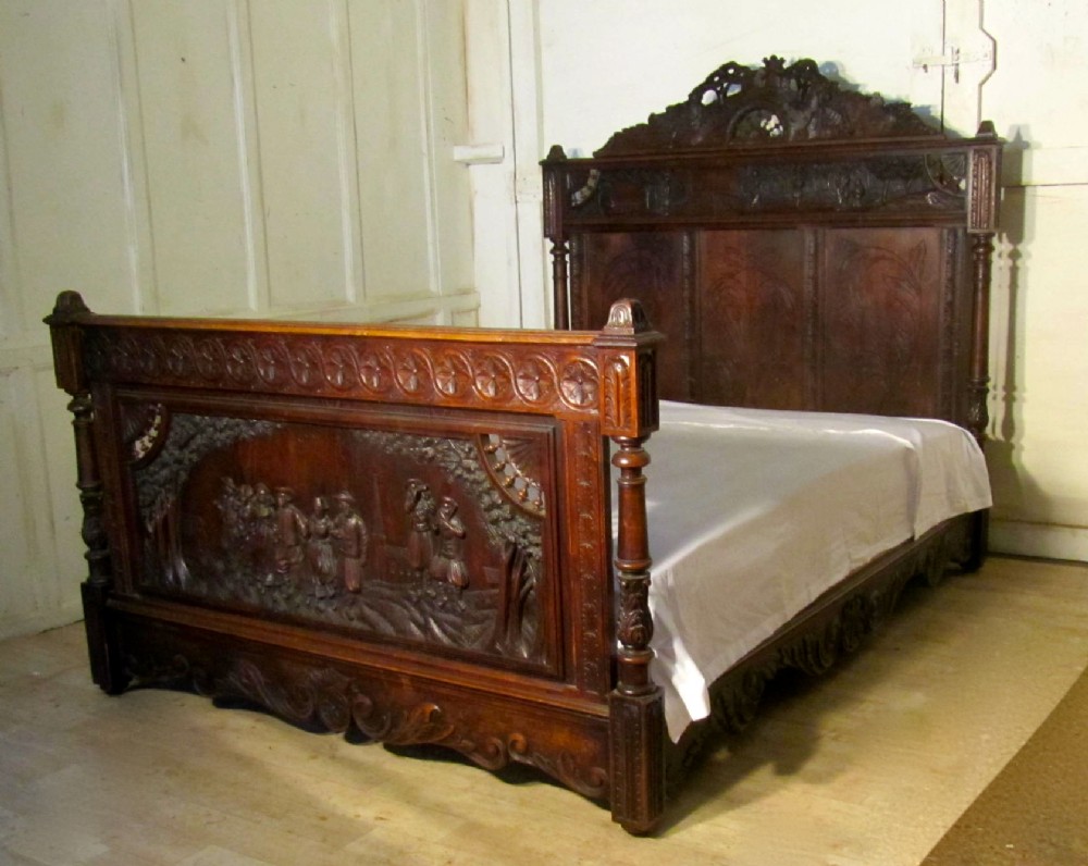 French Carved Oak Marriage Double Bed
