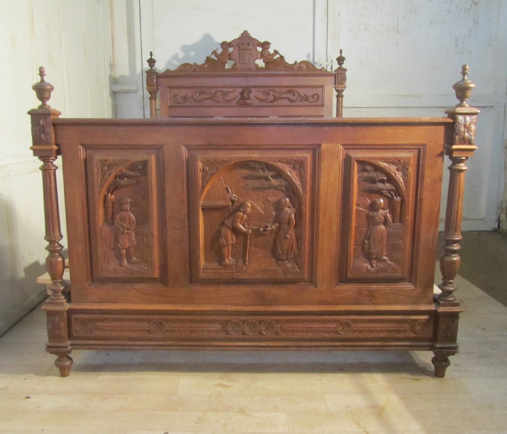 Breton Carved Golden Oak Marriage Double Bed