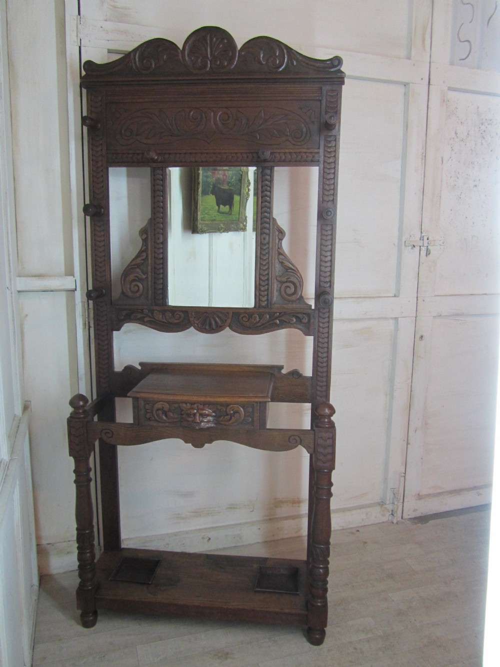 Victorian Green Man Gothic Carved Oak Hall Stand 