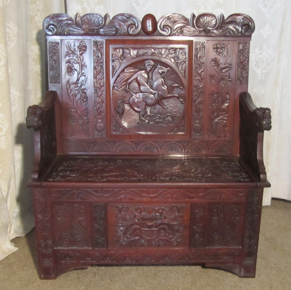  Carved High Back Carved Welsh Settle 