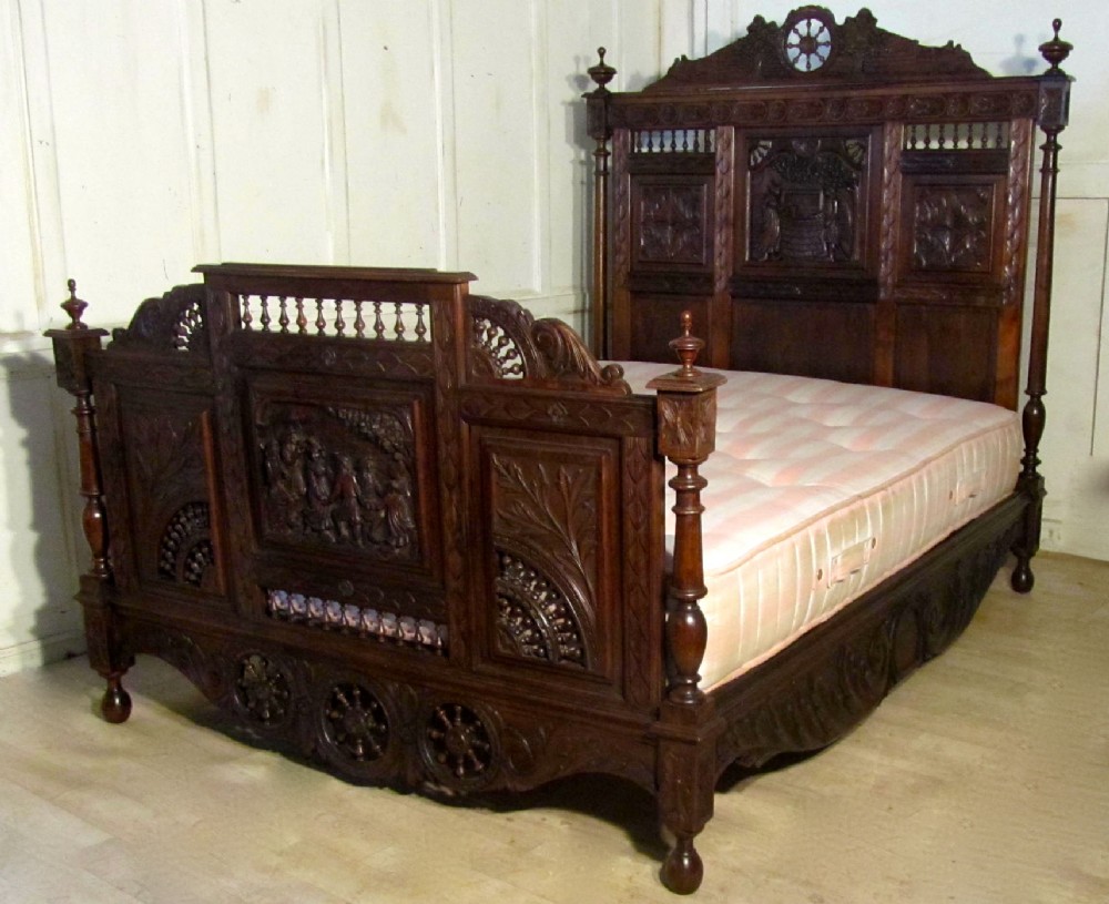 Breton Carved Oak and Chestnut Marriage Double Bed