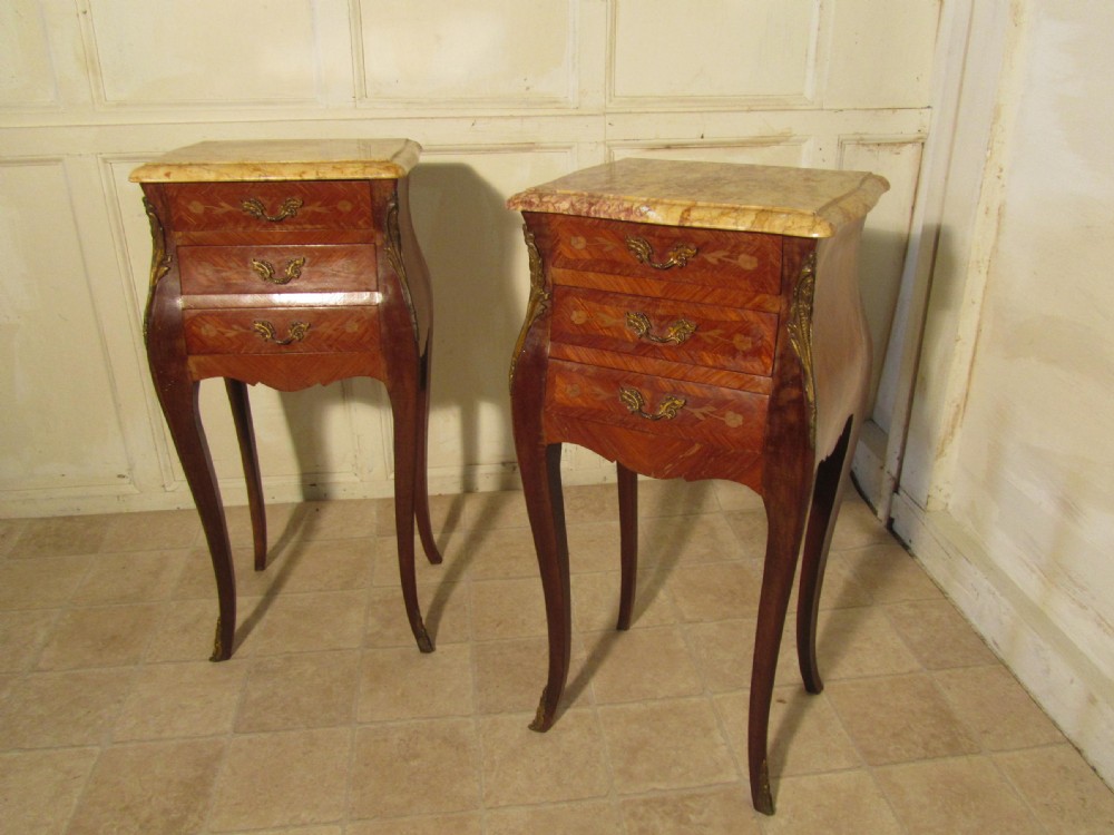 A Pair of Inlaid French Marquetry and Marble Bombe Shaped Bedside Cupboards