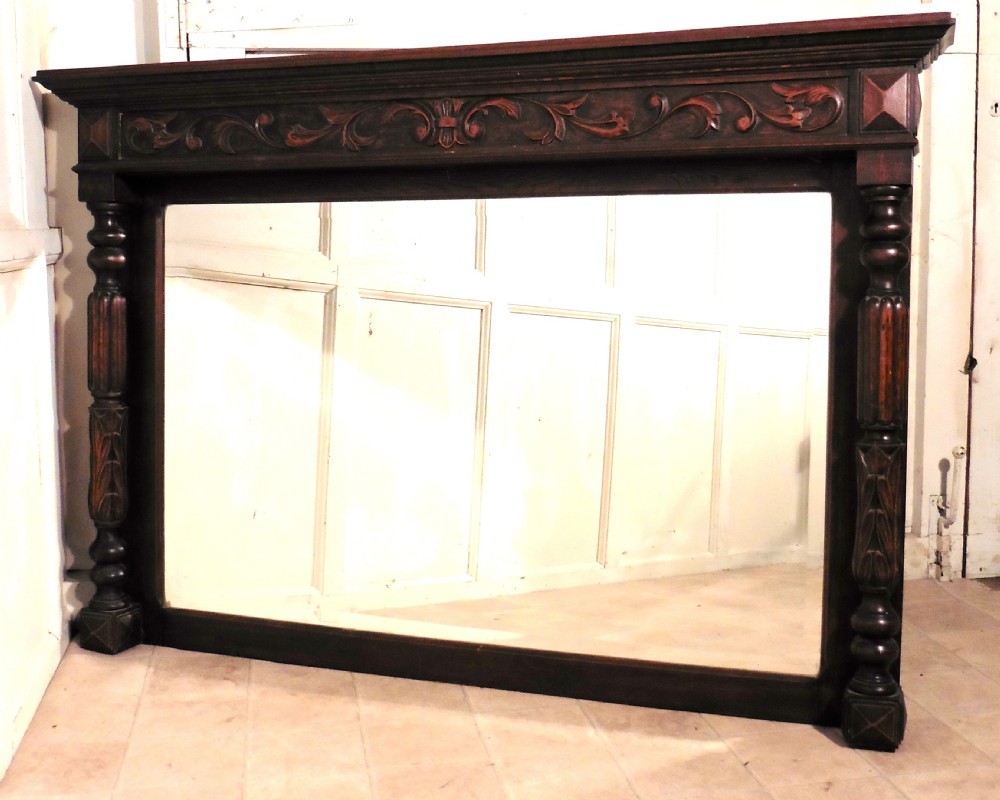 French Carved Gothic Oak Over Mantle Mirror