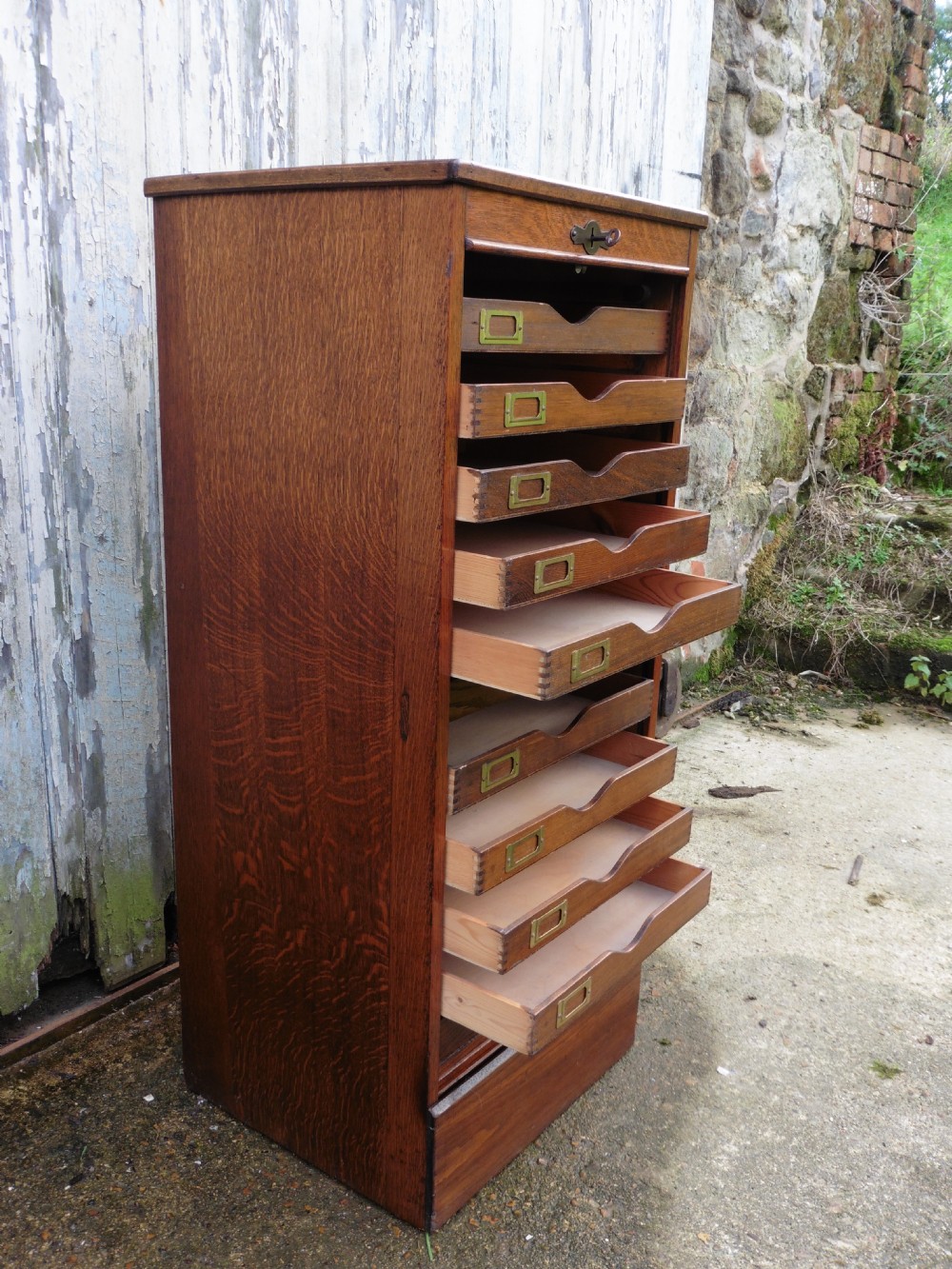 French Tambour Fronted Oak Art Deco Filing Cabinet 