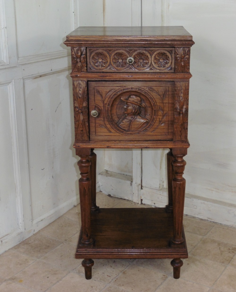 French Carved Oak Night Table or Bedside Cupboard