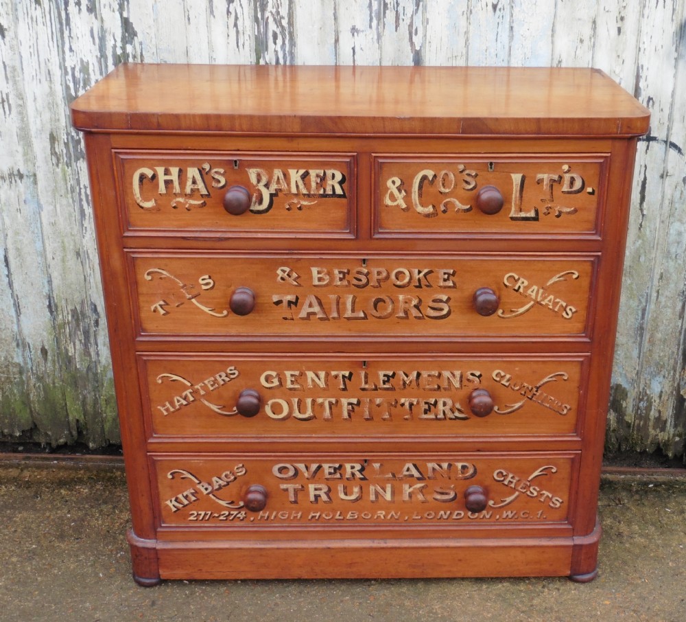 Victorian Mahogany Sign Painted Chest of Drawers, Cha’s Baker Gentleman’s Outfitter Shop Display