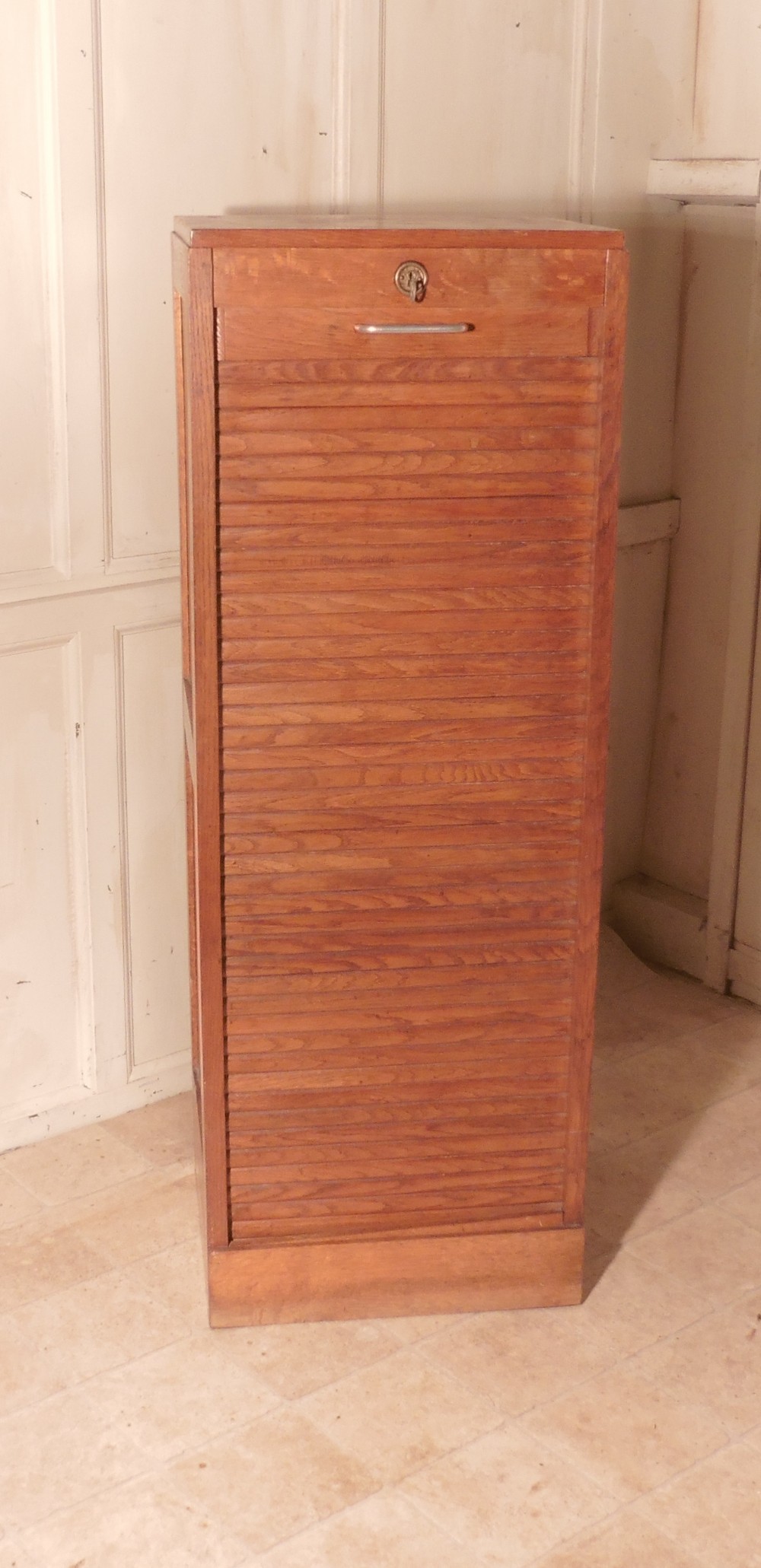 A French Tambour Fronted Oak Art Deco Filing Cabinet
