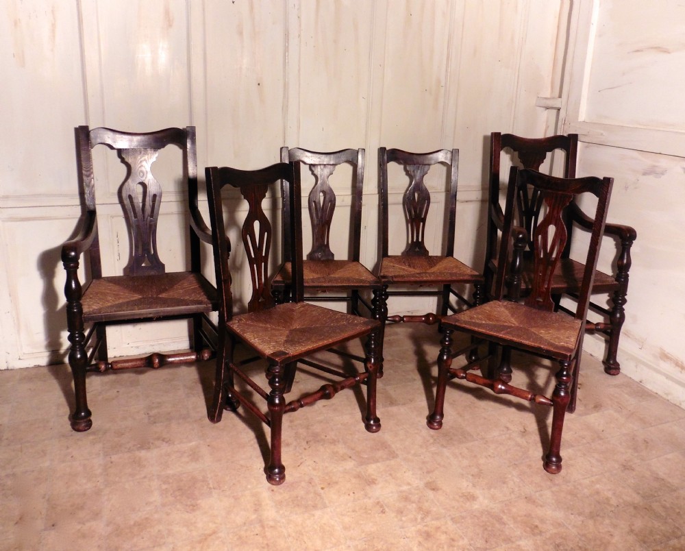 Set of 6 Country Oak Dining Chairs, Georgian Style