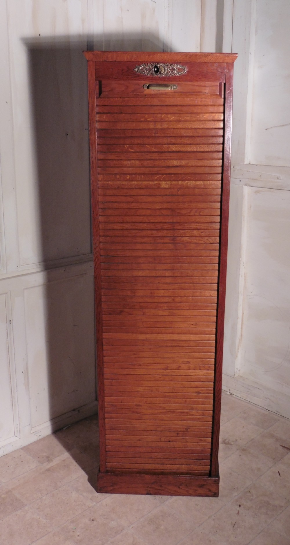 A French Tambour Fronted Oak Art Deco Filing Cabinet