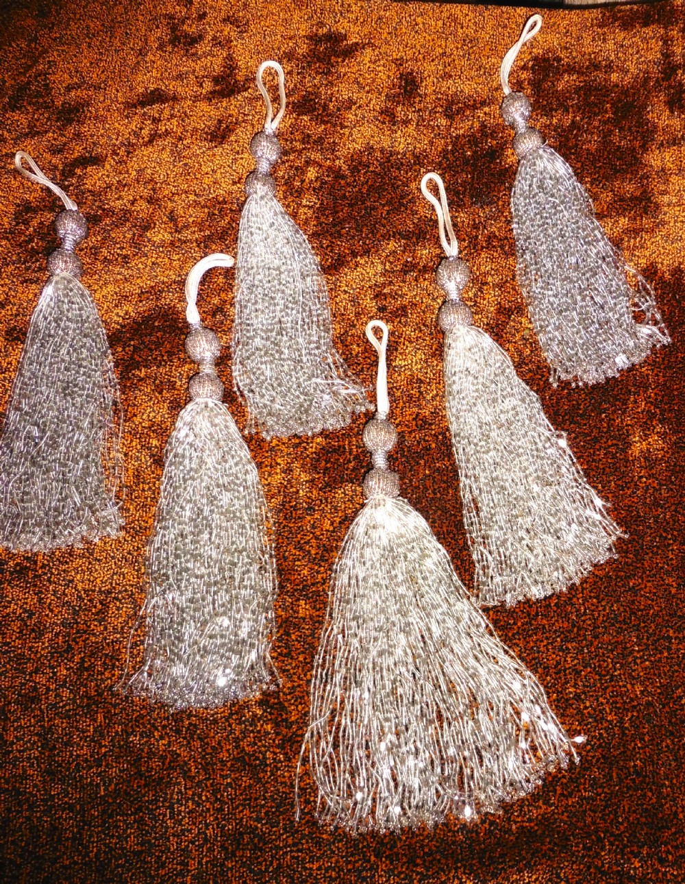 6 Superb Large French Glass Beaded Tassels 