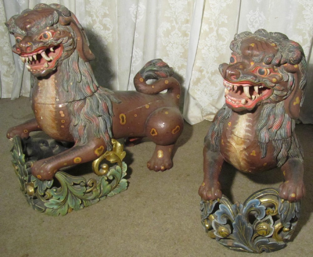 A Superb Large Pair of Carved Chinese Wooden Temple Lions Or Fu (Foo)Dogs