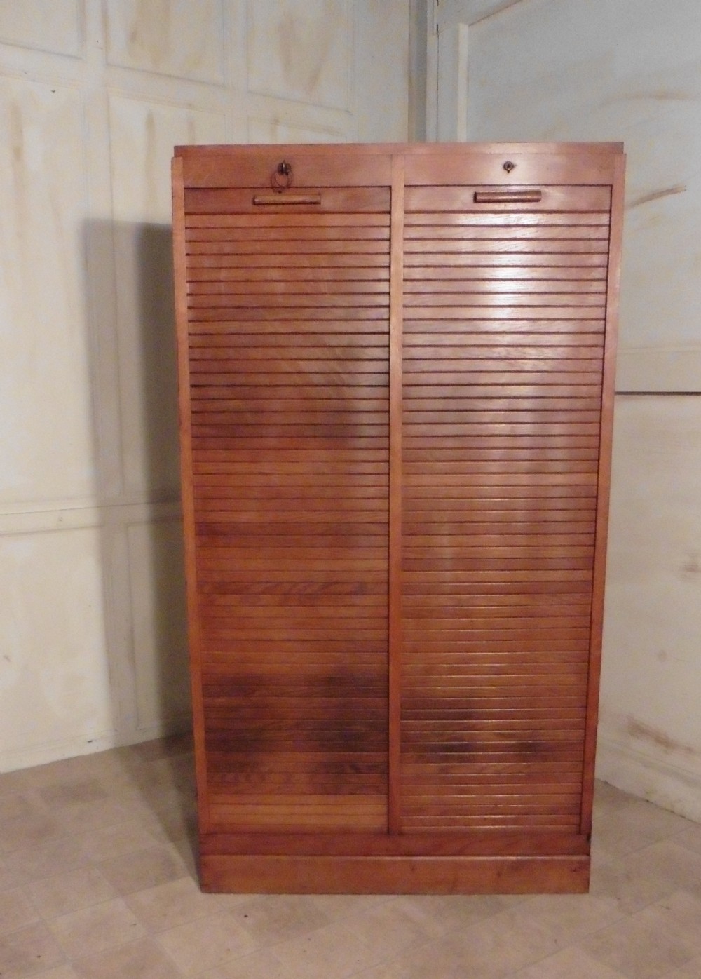 French Tambour Double Fronted Oak Art Deco Filing Cabinet