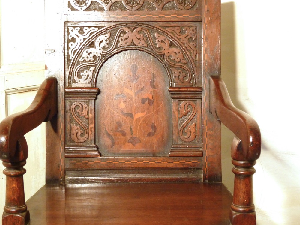 Early 18th Century Inlaid Oak Wainscot Chair.