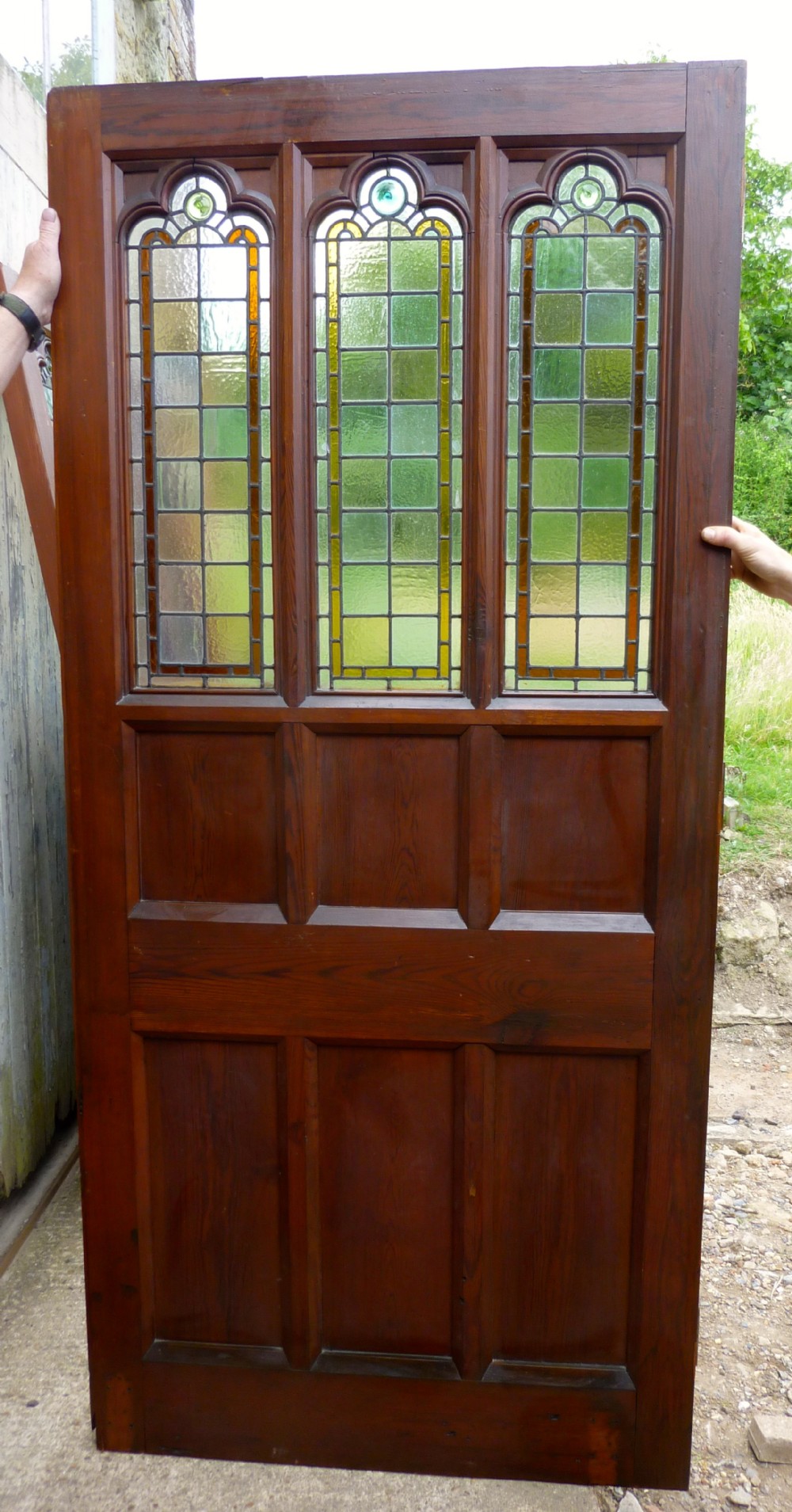Large Victorian Pitch Pine Door with stained Glass Panels, Room Divider Partition