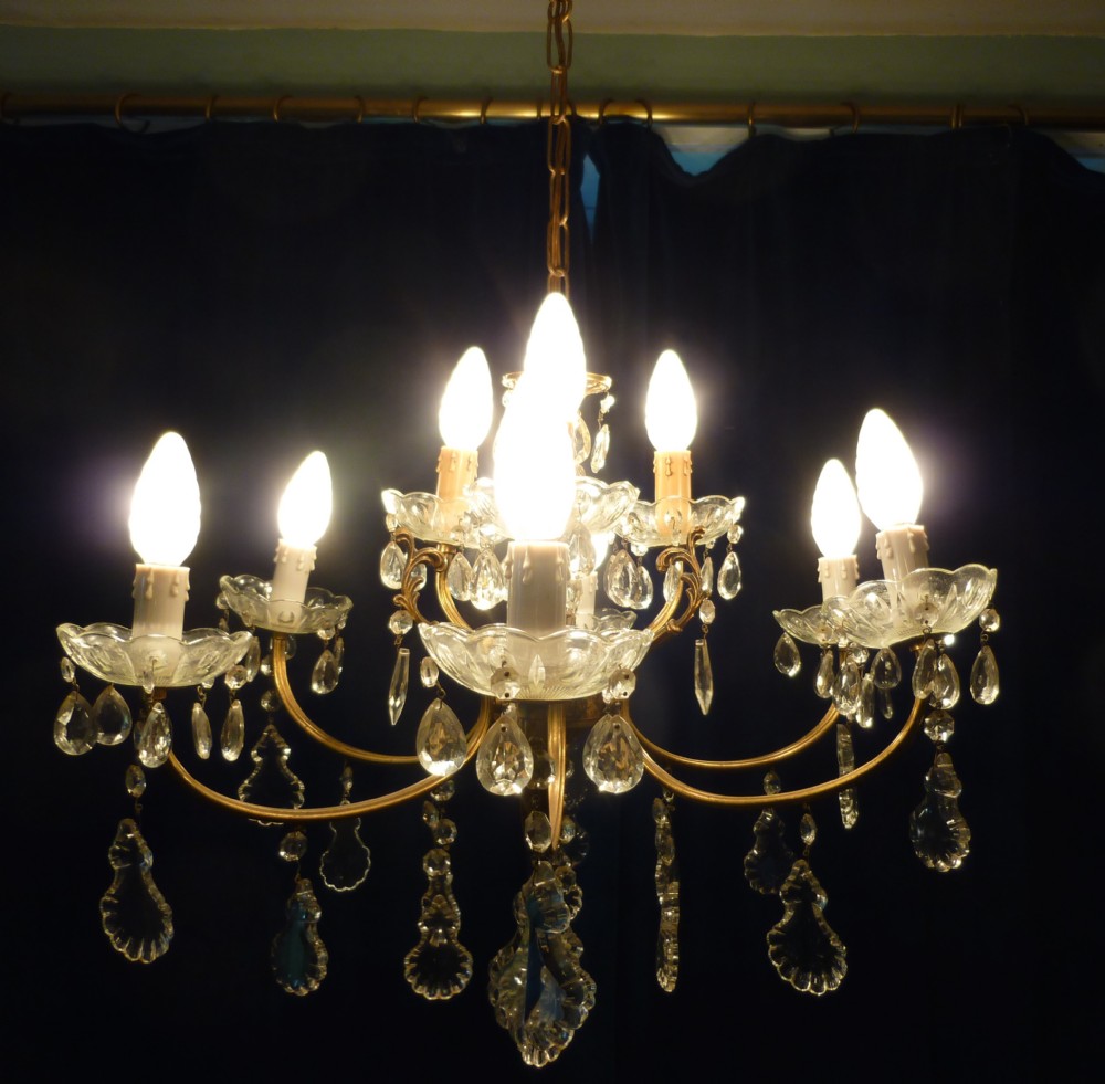 Large French Cut Glass 9 Lamp Brass Chandelier