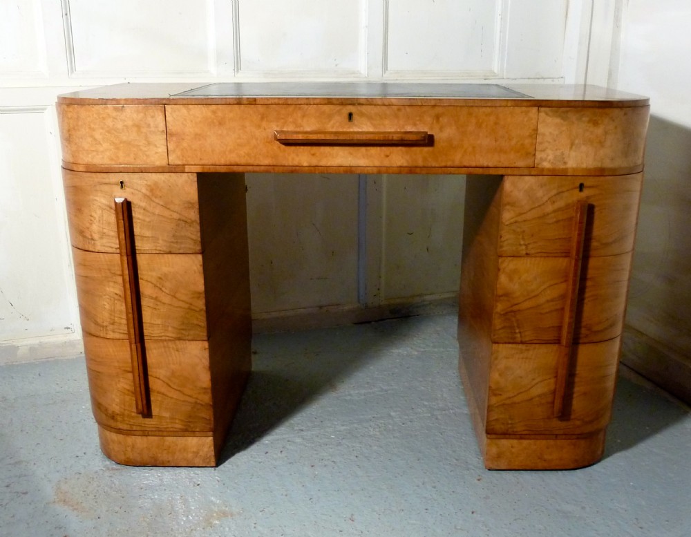 Art Deco Walnut and Maple Odeon Style Pedestal Desk
