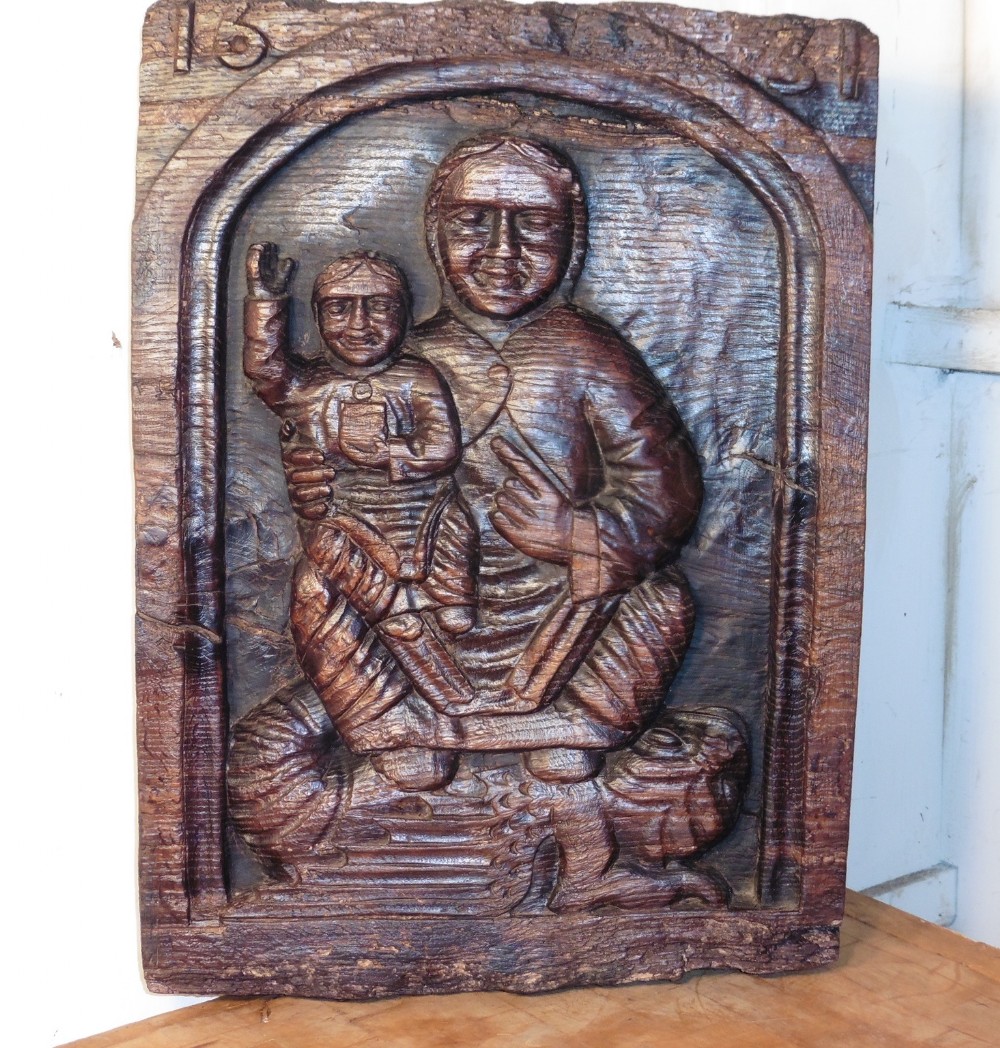 17th Century Primitive  Religious  Carving Oak Panel 1631