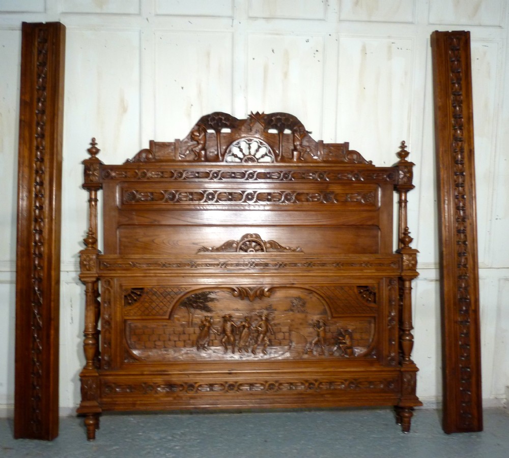 French Carved Golden Oak Marriage Double Bed, Kingsize Bed