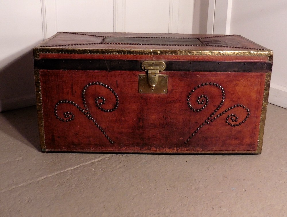 Large French Leather and Brass Bound Trunk