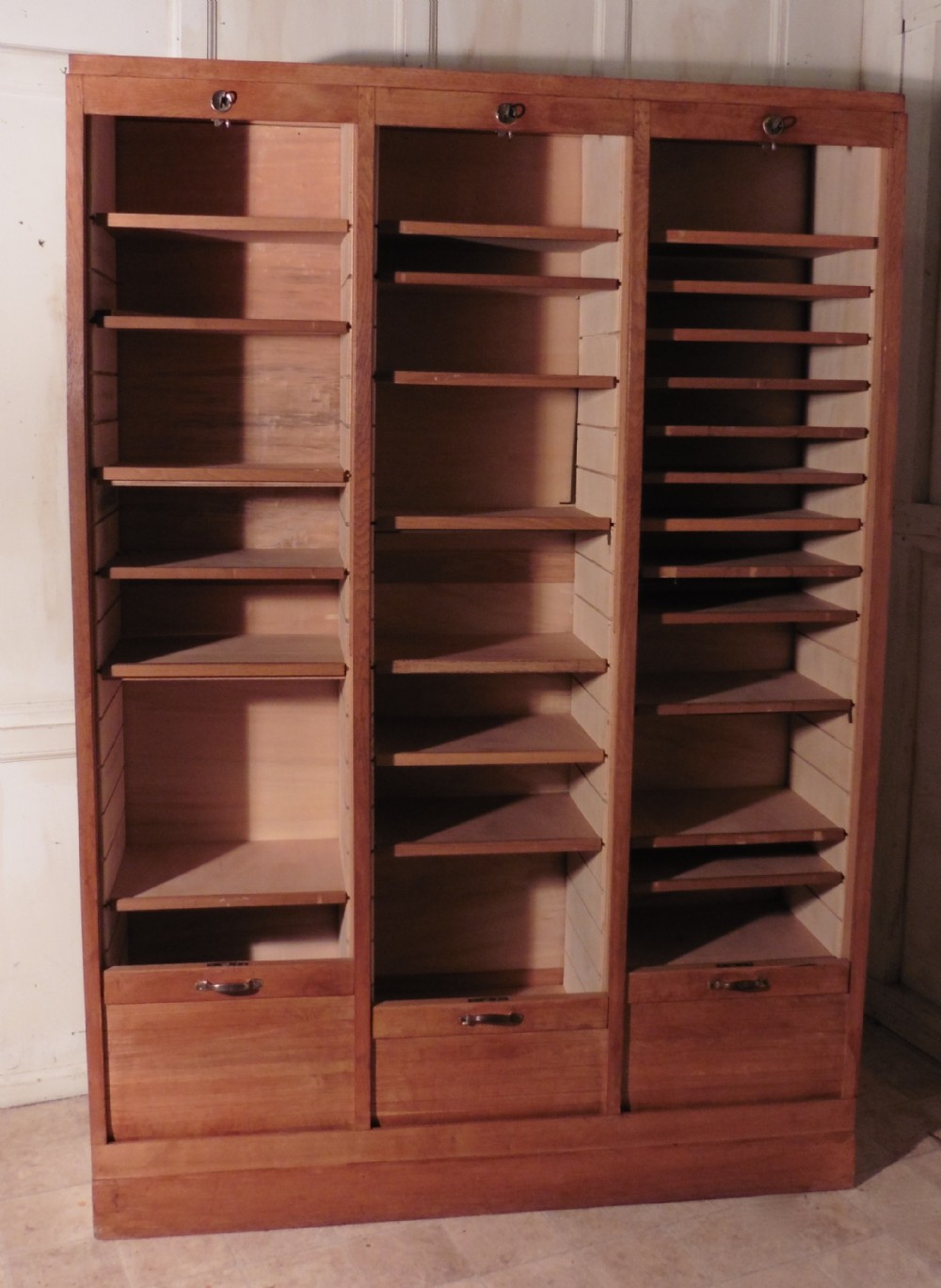 A Large French Tambour Triple Fronted Oak Art Deco Filing Cabinet