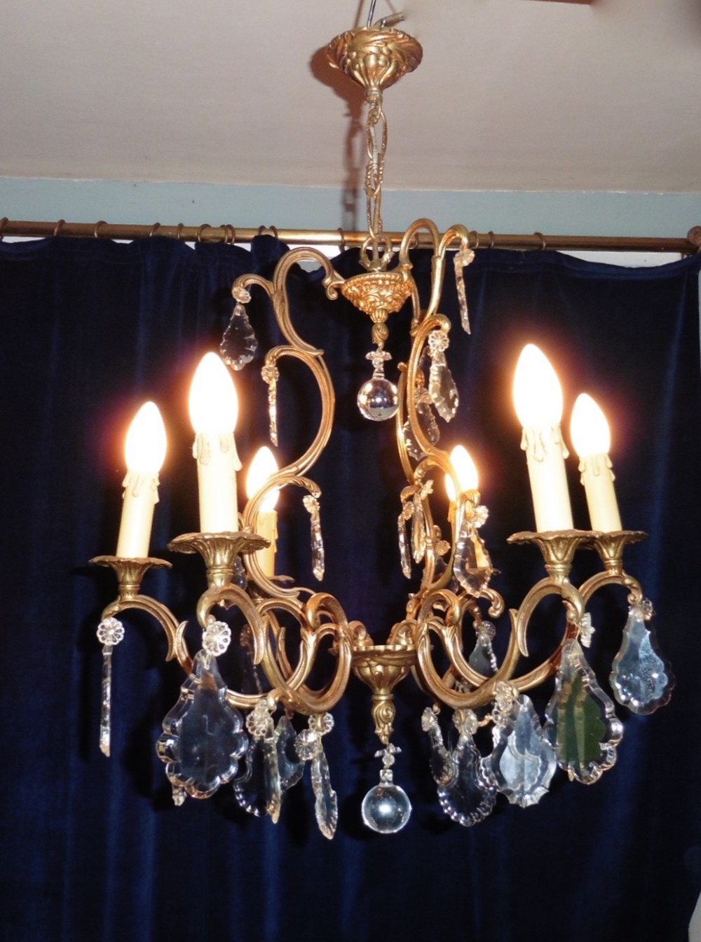 A Charming French Cut Glass 6 Branch Brass Chandelier