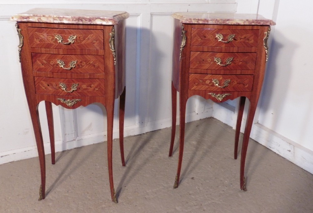 A Pair of Inlaid French Marquetry and Marble Bedside Cupboards