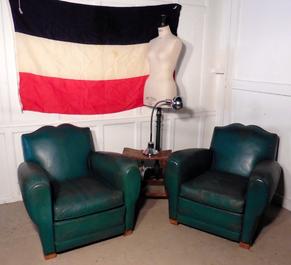 A Pair of French Art Deco Leather Club Chairs in Green