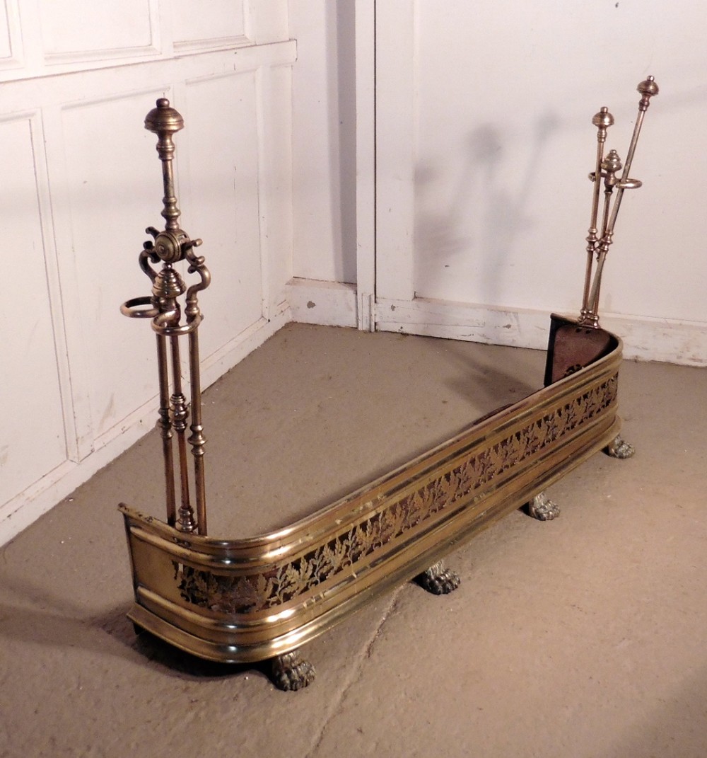 Victorian Pierced Brass Fender  with Fire Irons