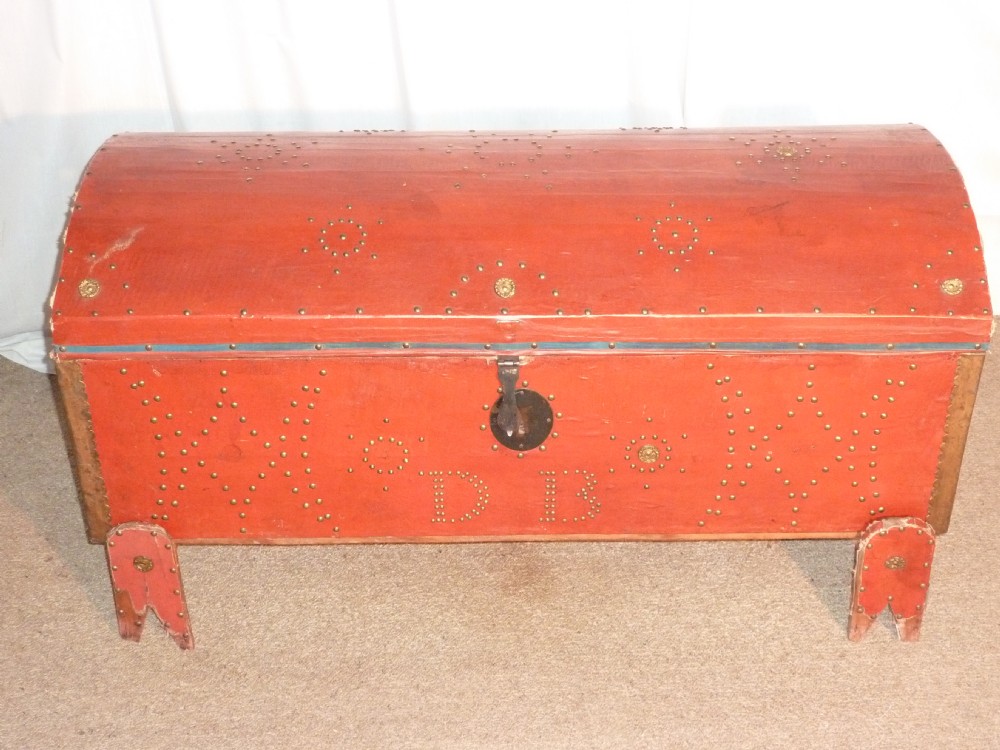 A Large Canvas Dome top Marriage Chest on Stand