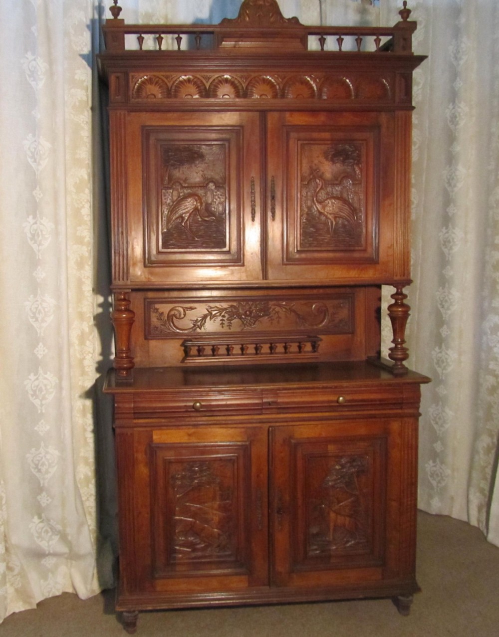 French Buffet de Corp, Carved Walnut Game Cupboard, Bookcase