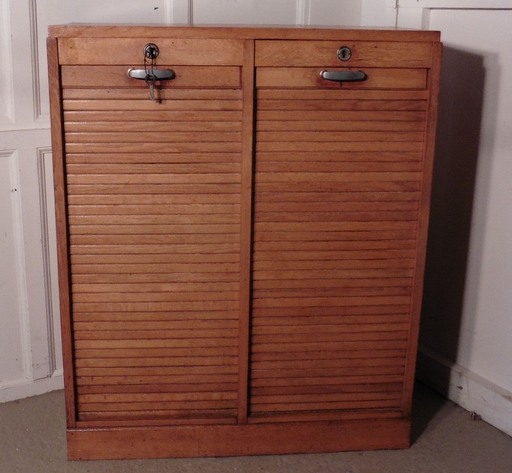 French Tambour Double Fronted Golden Oak Art Deco Filing Cabinet