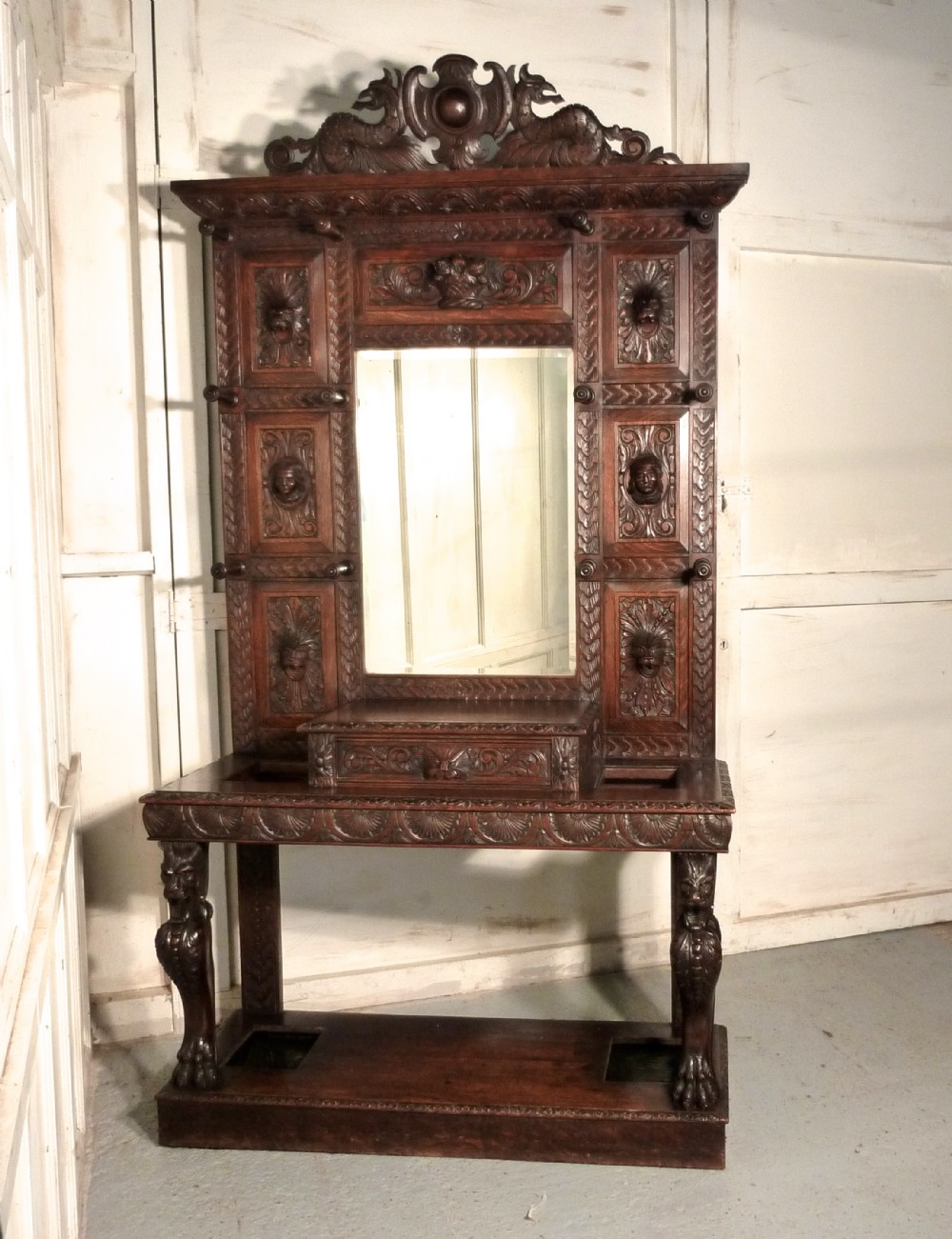 A Superb Quality Victorian Green Man Gothic Carved Oak Hall Stand 